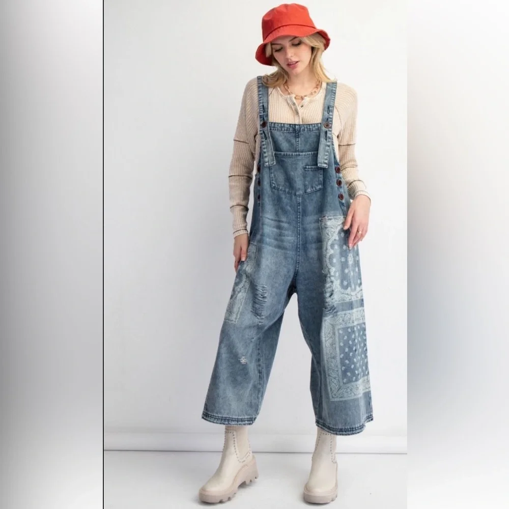 Easel Denim Patchwork Jumpsuit - Picture 3 of 5